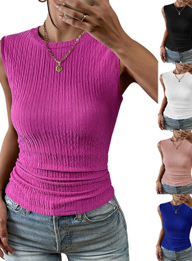 Solid color crew neck sleeveless tank top 纯色圆领无袖背心女