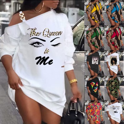 时尚斜肩宽松印花长袖连衣裙