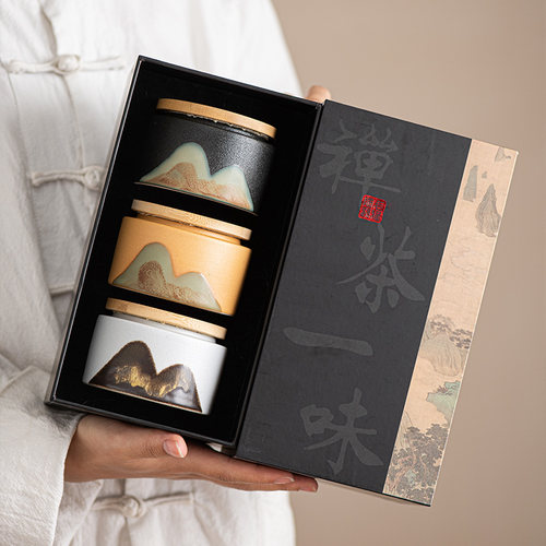 釉画彩茶叶罐戈雅粗陶中国风礼盒
