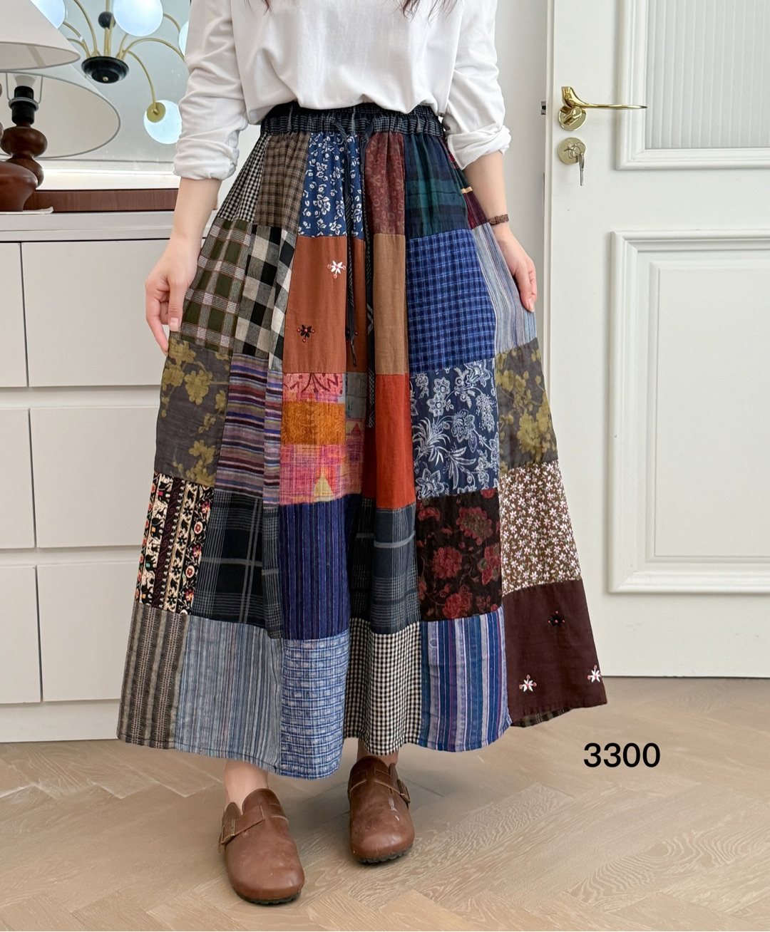 复古百家布拼接2025春秋新款松紧腰宽松减龄森女日系百搭半身裙女