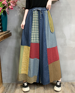 复古拼色2025秋季新款宽松休闲松紧腰抽绳大码个性牛仔阔腿裤女潮