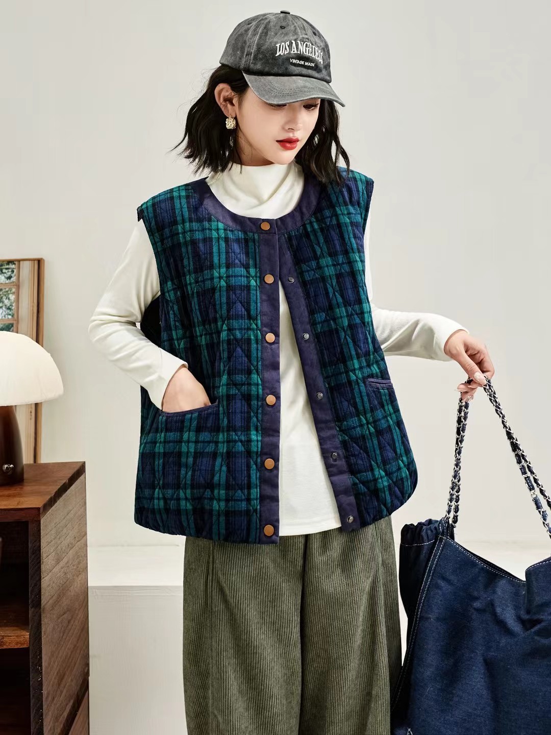 日系复古格子薄棉马甲女秋冬新款宽松减龄纯棉无袖坎肩马夹外搭潮
