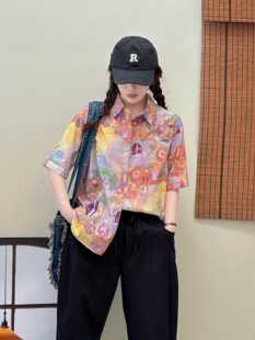 韩版时尚扎染印花日系小众纯棉衬衫女宽松休闲洋气百搭减龄上衣潮