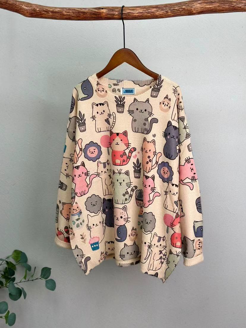 原创设计时尚卡通印花秋冬新款软糯水貂绒针织棉圆领套头洋气上衣