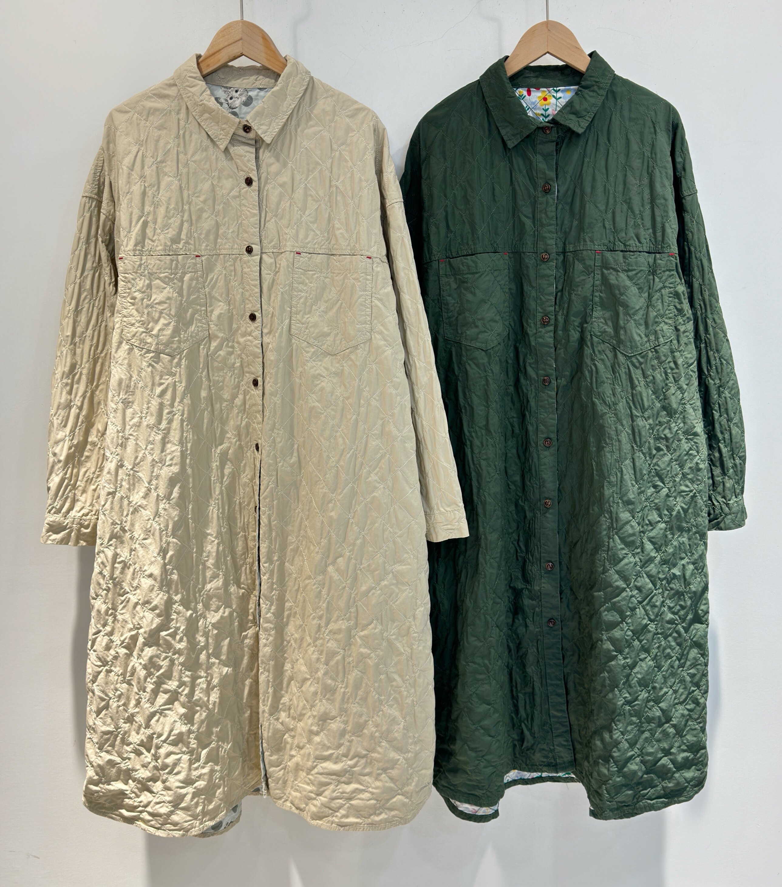 日系复古菱格夹棉衬衫女秋冬新款宽松休闲单排扣翻领长款百搭外套