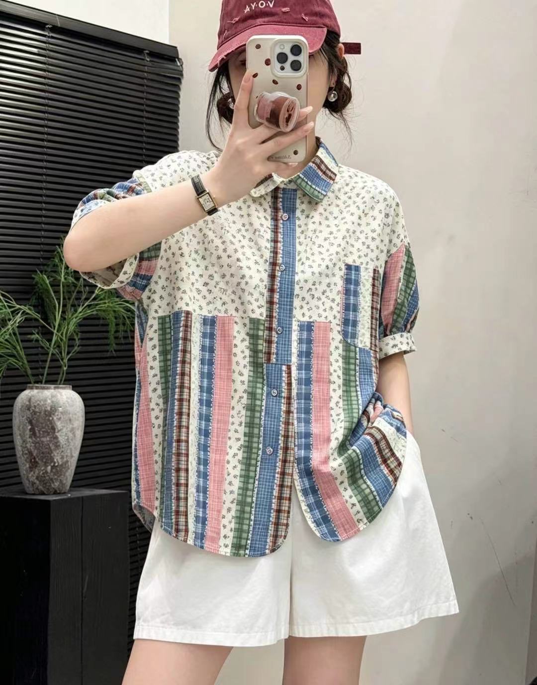 日系小清新复古印花拼接显瘦设计夏季新款宽松洋气纯棉减龄衬衫女
