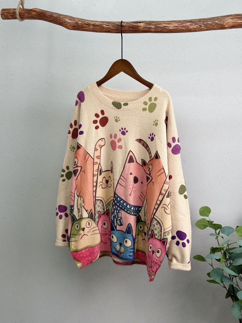 设计感时尚卡通印花秋冬新款圆领套头水貂绒针织棉软糯洋气上衣潮