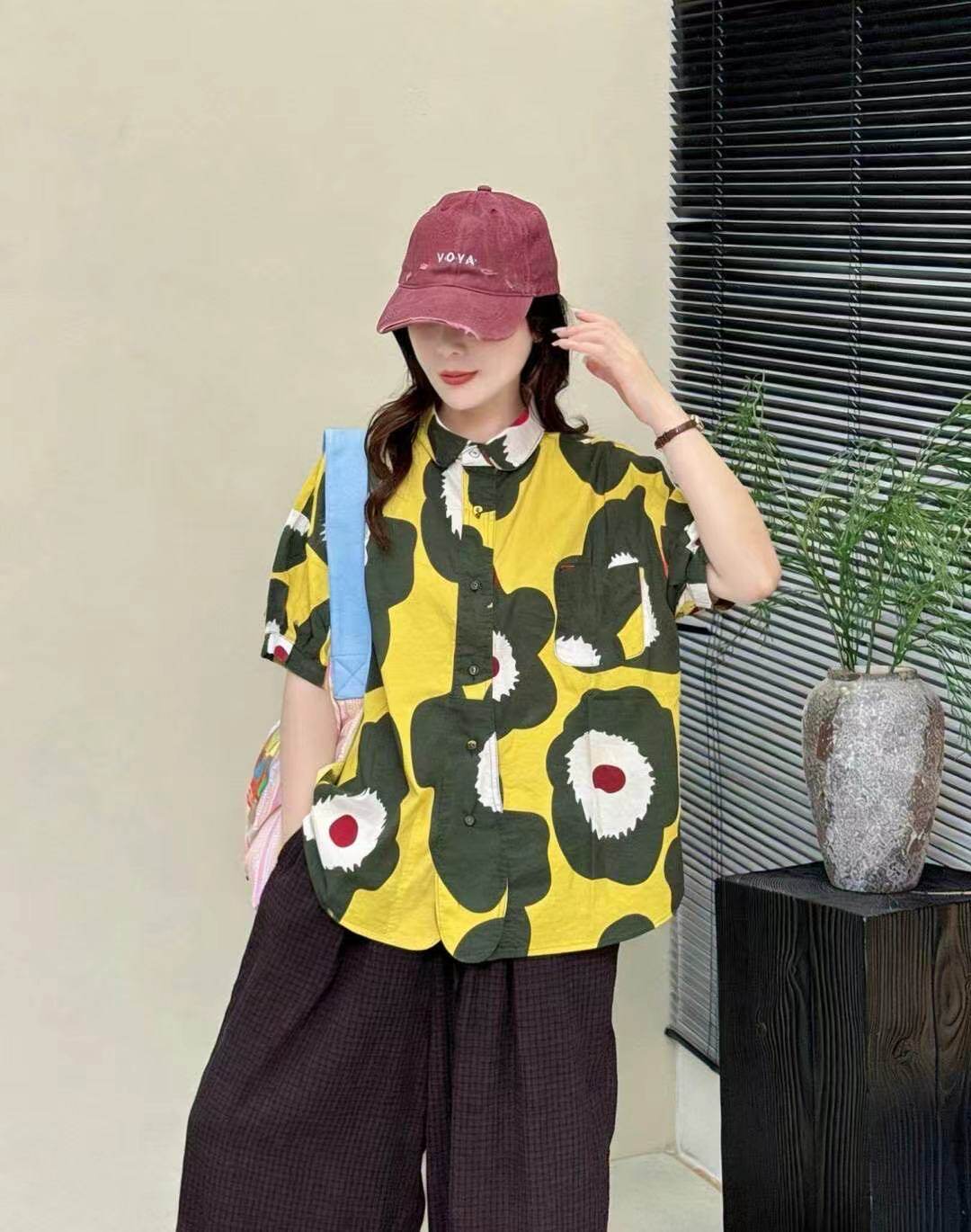 日系复古小众印花 夏季新款宽松休闲纯棉翻领港味洋气衬衫ins潮女