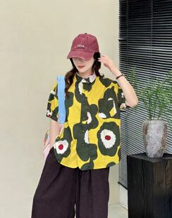 日系复古小众印花 夏季新款宽松休闲纯棉翻领港味洋气衬衫ins潮女