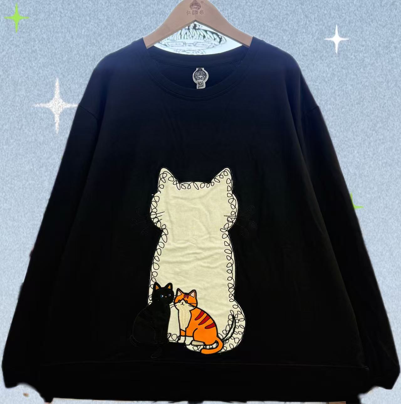 韩版大码贴布小猫刺绣2026秋季新款宽松显瘦百搭休闲纯棉港味T恤