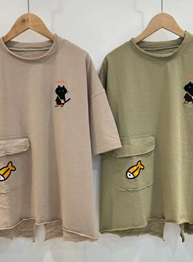 贴布刺绣小猫2026夏季新款宽松休闲纯棉小众日系不规则短袖insT恤