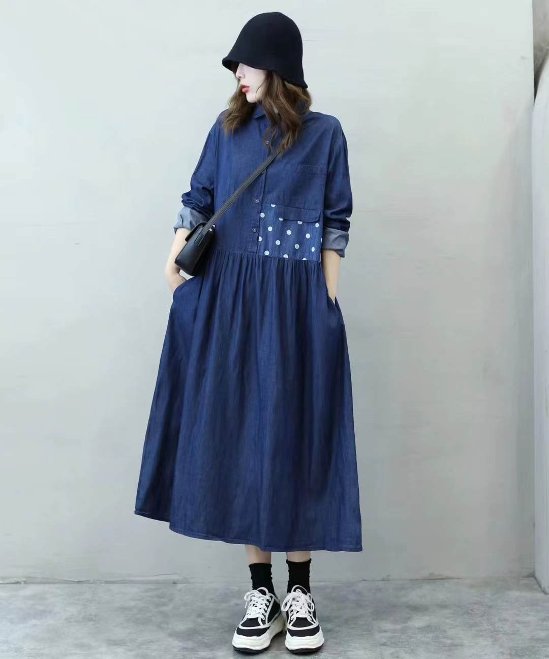 日系半开扣拼色柔软纯棉牛仔连衣裙2025秋季新款大码A字休闲长裙
