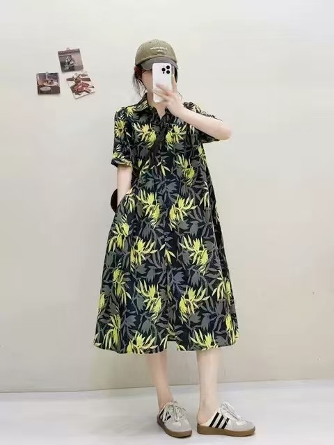 日系卡通印花纯棉休闲宽松显瘦翻领大码夏季新款趣味中长款衬衫裙