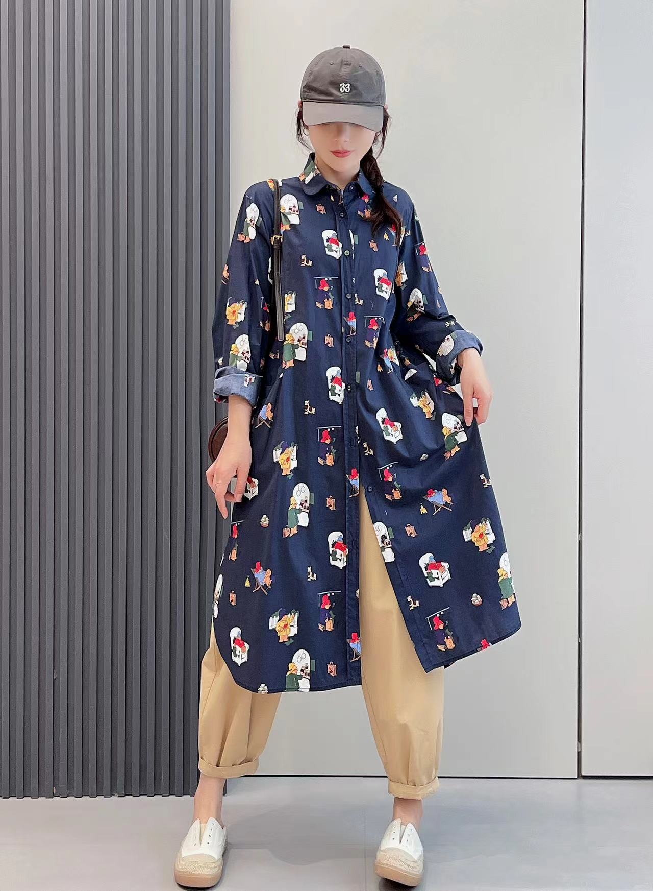 韩版2024秋季新款设计感小众卡通印花中长款宽松显瘦轻薄纯棉衬衫