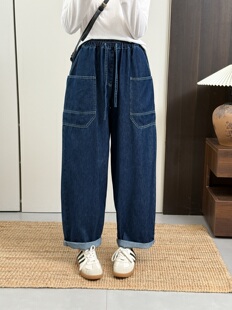 显瘦牛仔直筒裤 松紧腰细绳宽松休闲韩版 新款 筒约明线口袋设计秋季