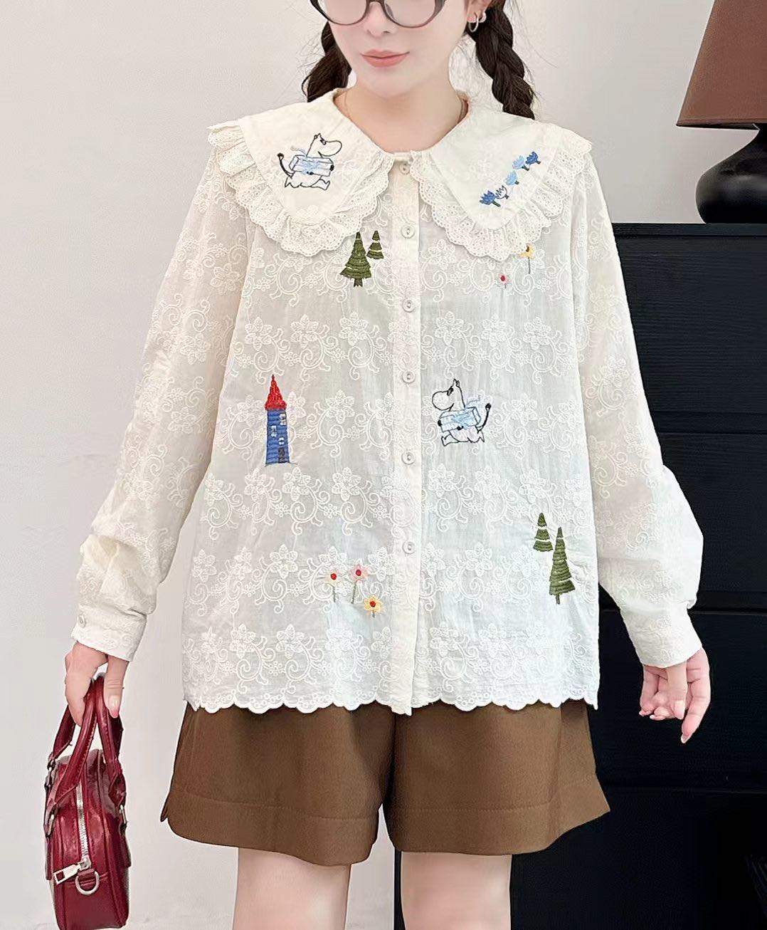 森女日系文艺刺绣卡通娃娃领2026秋季新款宽松减龄纯棉百搭衬衫女
