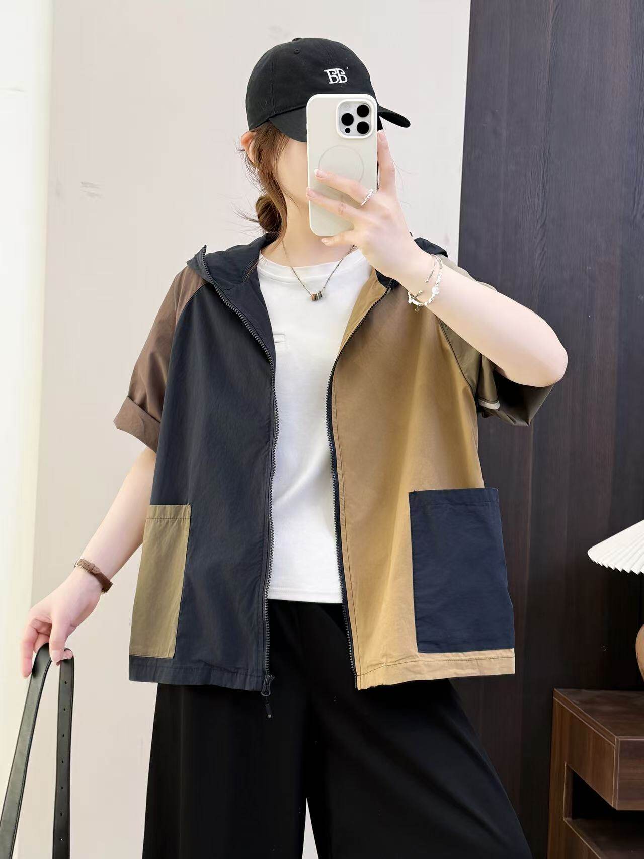港风拼色连帽夏季新款宽松休闲纯棉拉链开衫个性小众日系外套女潮