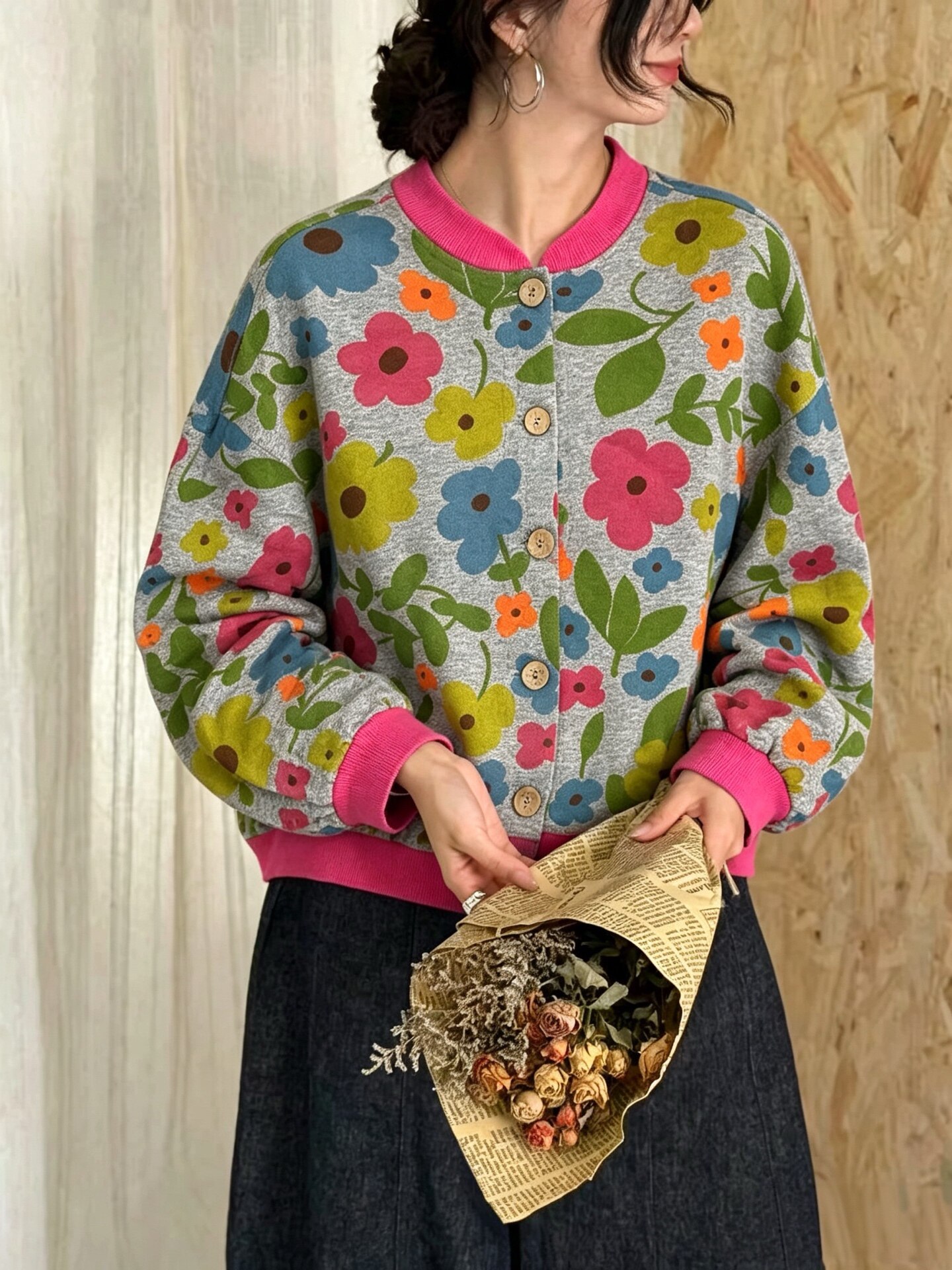 日系小众复古花朵2026秋季新款纯棉百搭休闲开衫减龄外套女ins潮