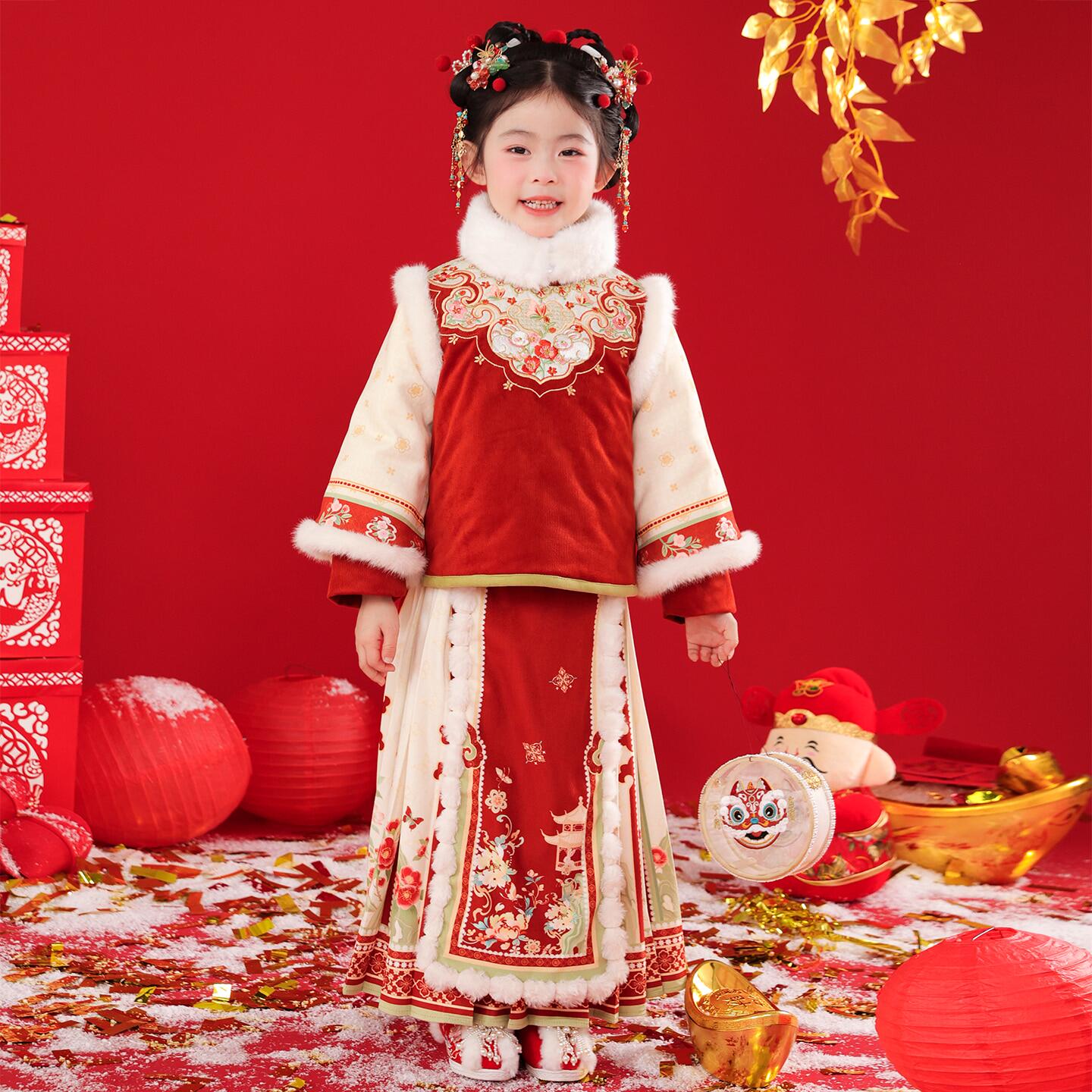 汉服女童冬款儿童中国风红色喜庆拜年服小女孩明制加厚马面裙套装