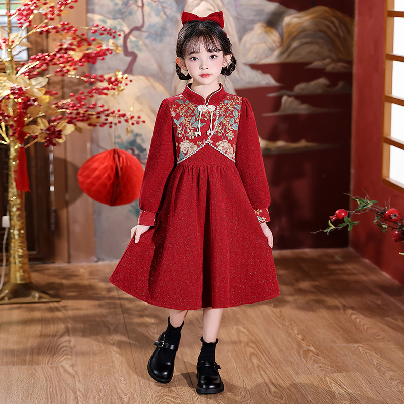 女童连衣裙秋冬新款中国风新年红色中大童长袖裙子女孩洋气公主裙