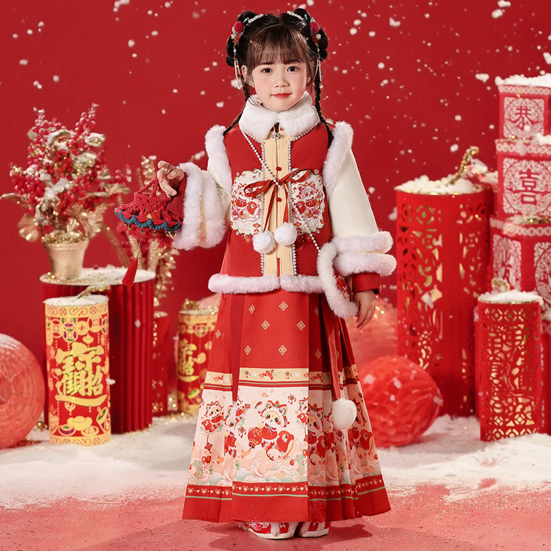 汉服女童秋冬2025古装明制马面裙喜庆过年衣服红女宝宝拜年服冬季