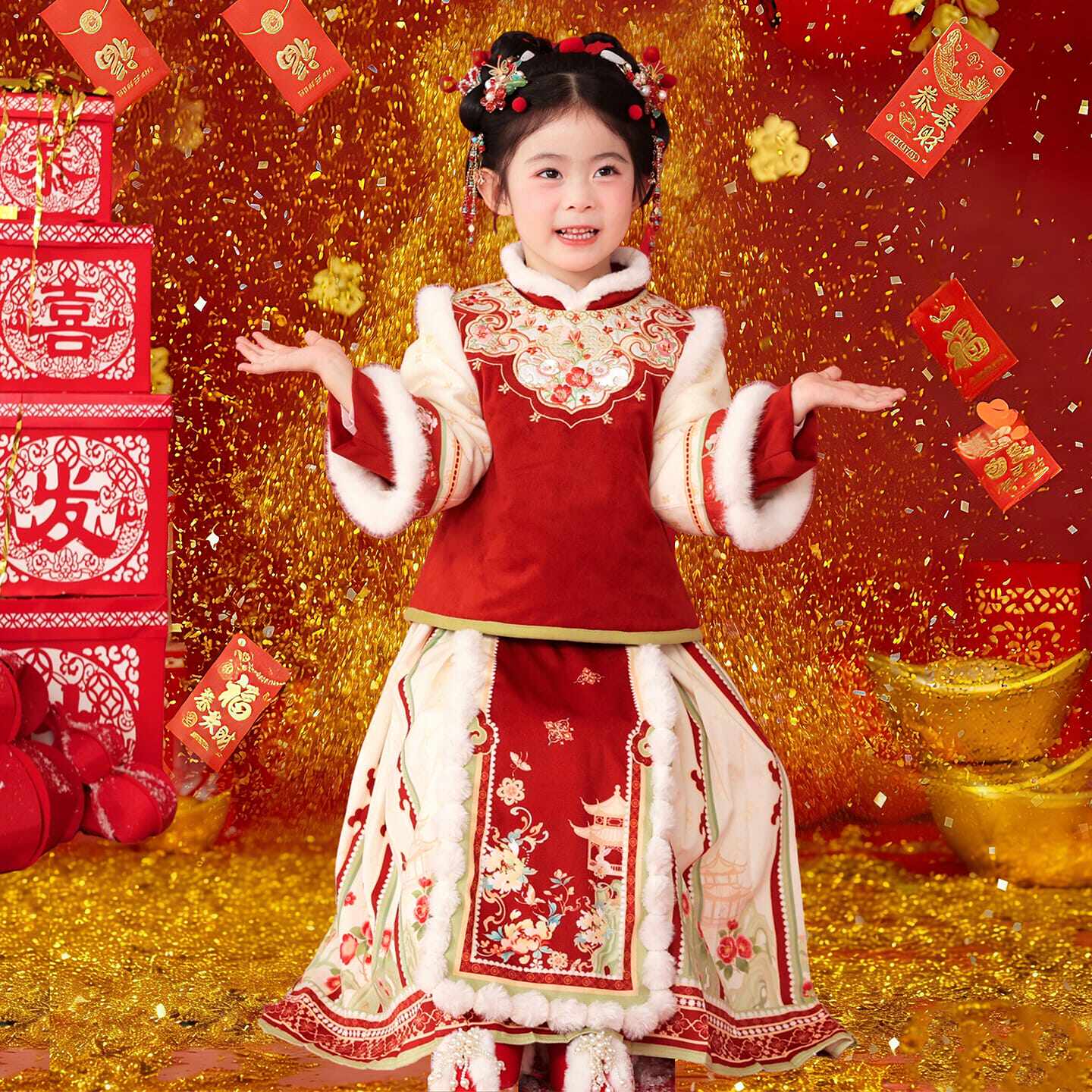 汉服女童冬款儿童中国风红色喜庆拜年服小女孩加绒加厚马面裙套装,童装/婴儿装/亲子装,汉服,淘宝优惠券,粉丝福利购,淘宝优惠卷