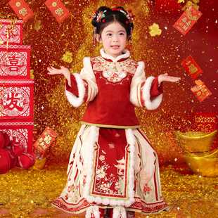 汉服女童冬款 儿童中国风红色喜庆拜年服小女孩加绒加厚马面裙套装