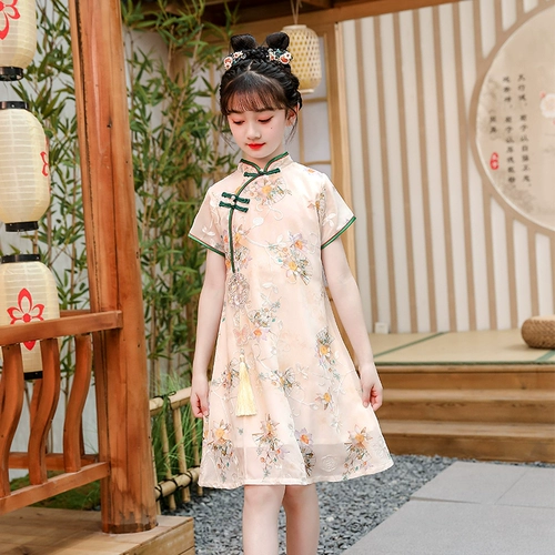 Ретро летнее ципао, детское платье, юбка, летняя одежда, китайский стиль, короткий рукав