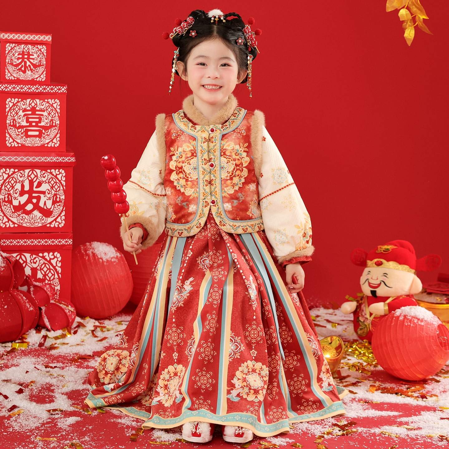 汉服女童冬季2025新款秋冬加厚拜年服明制新中式马面裙套装过年服