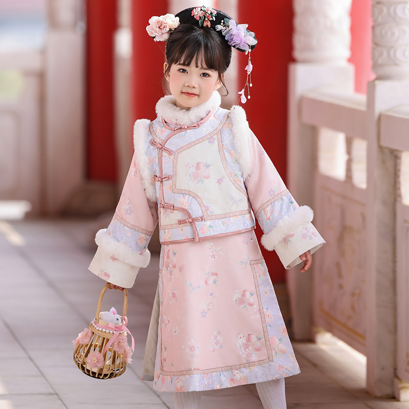 女童粉色清朝格格服秋冬加厚儿童宝宝汉服中国风唐装满族民族服装