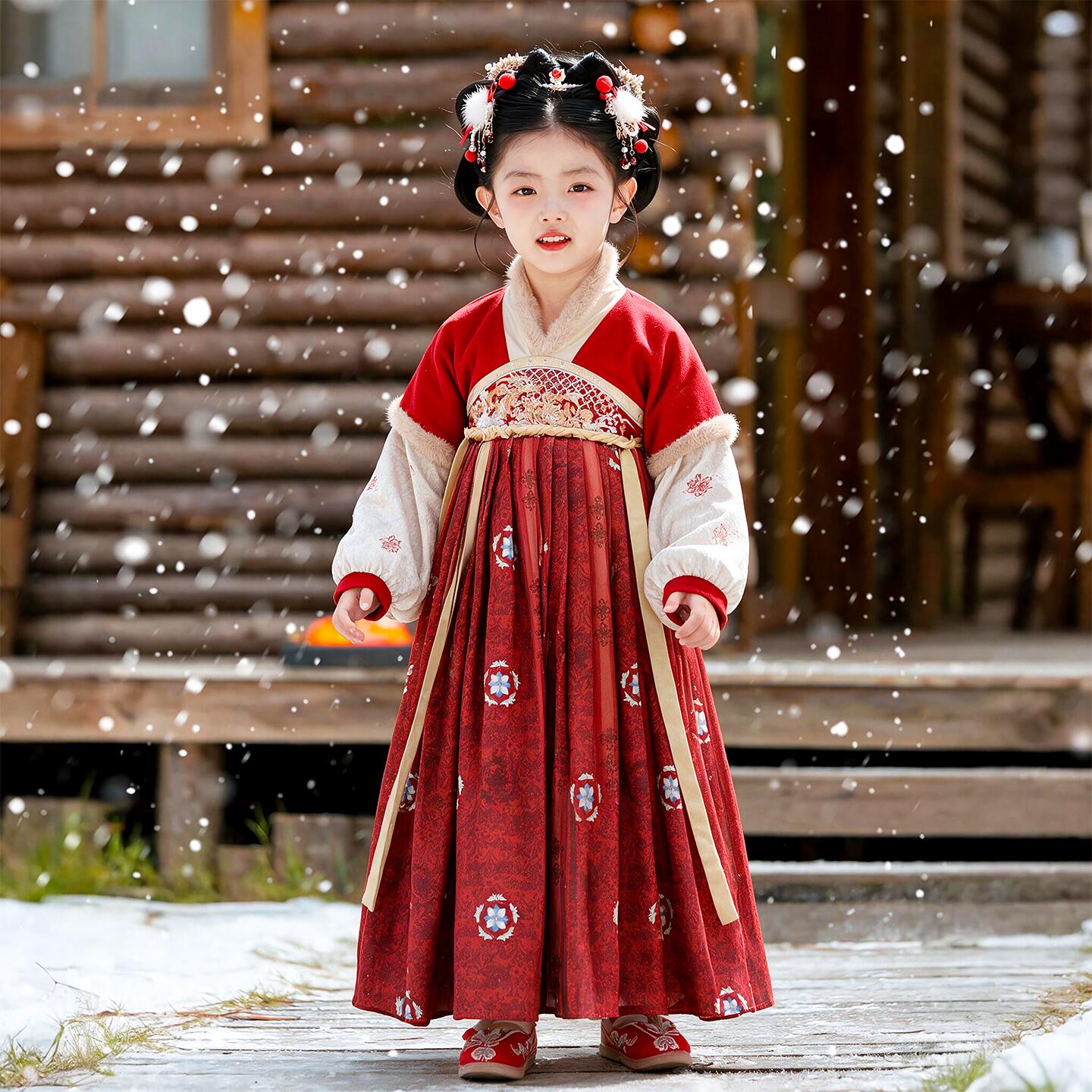 汉服女童冬季加绒古装拜年服女孩秋冬装国风过年加厚唐装连衣裙子