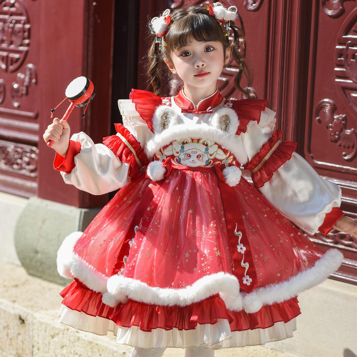 汉服女童冬季加绒国风公主裙2025新款儿童冬装女孩新年喜庆拜年服