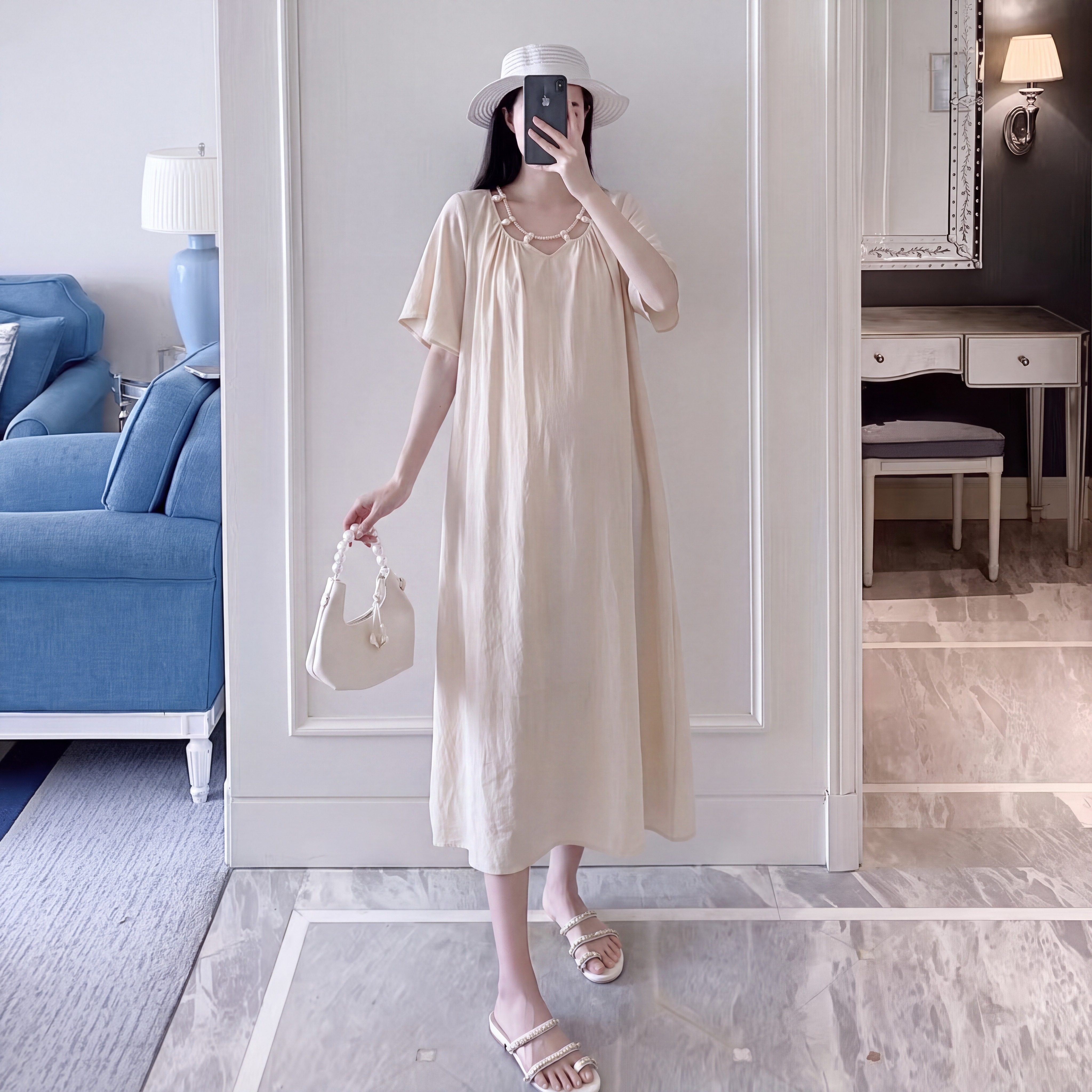 夏季亚麻V领显瘦孕妇裙