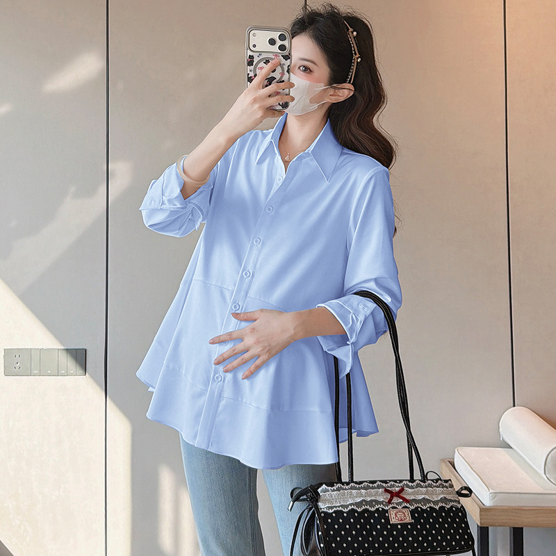 孕妇衬衫春夏蓝色长袖衬衫女通勤穿搭宽松显瘦设计感洋气上衣