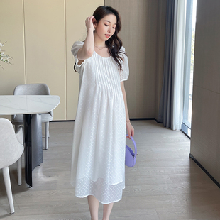 洋气夏季孕妇装纯色打条宽松孕妇裙夏天短袖雪纺休闲孕妇连衣裙
