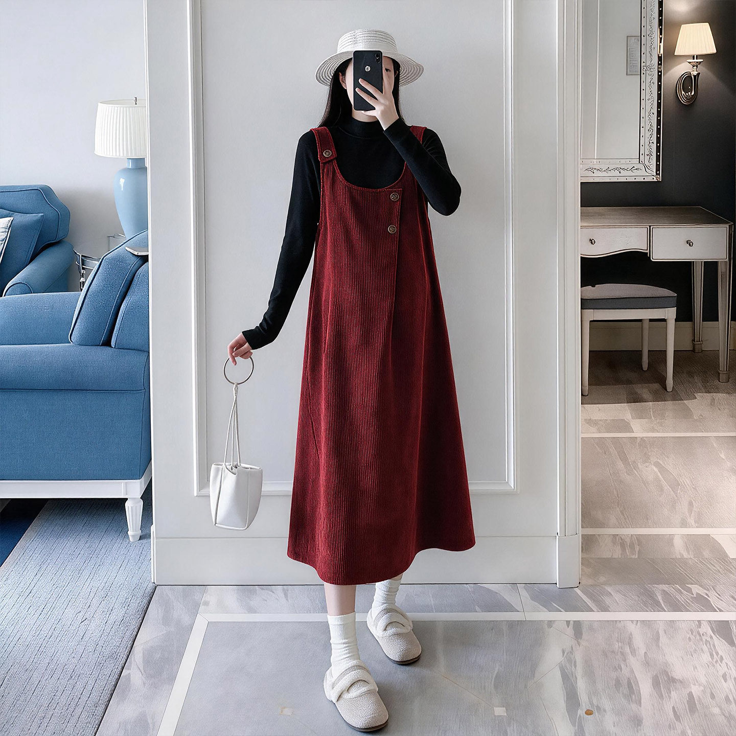 孕妇酒红背带裙套装中长款孕妇装