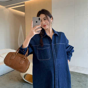 高级感春秋款 连衣裙长款 大码 秋季 裙子 孕妇装 气质牛仔衬衫 秋装