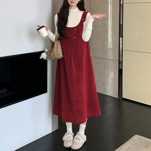 孕妇背心裙套装秋冬新款韩版小个子时尚设计感背心裙+打底衫套装