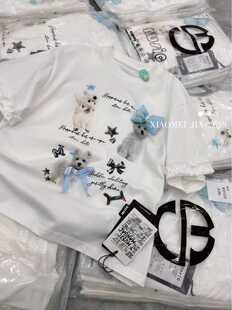 木莎2026春夏新款女童立体蝴蝶结狗狗短袖T恤中大童洋气上衣打底