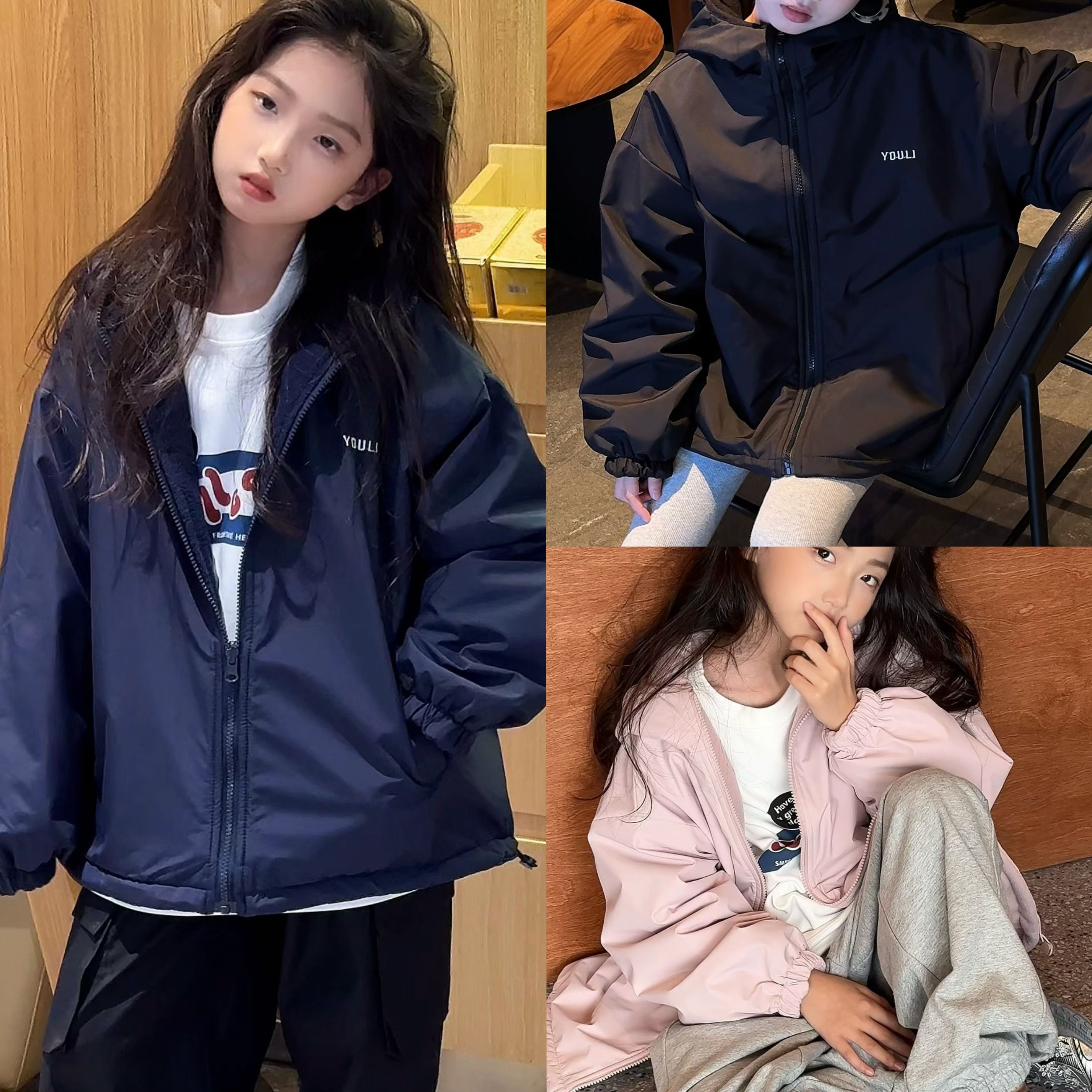 女童加绒冲锋衣服2025秋冬装新中大童连帽校服神器外套休闲上衣