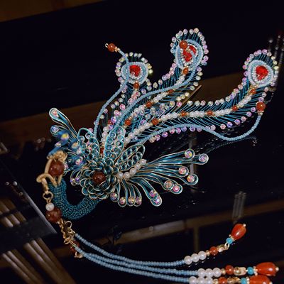 团紫原创古风新娘汉服烧蓝侧面金丝凤凰大侧凤经典发型头饰发簪