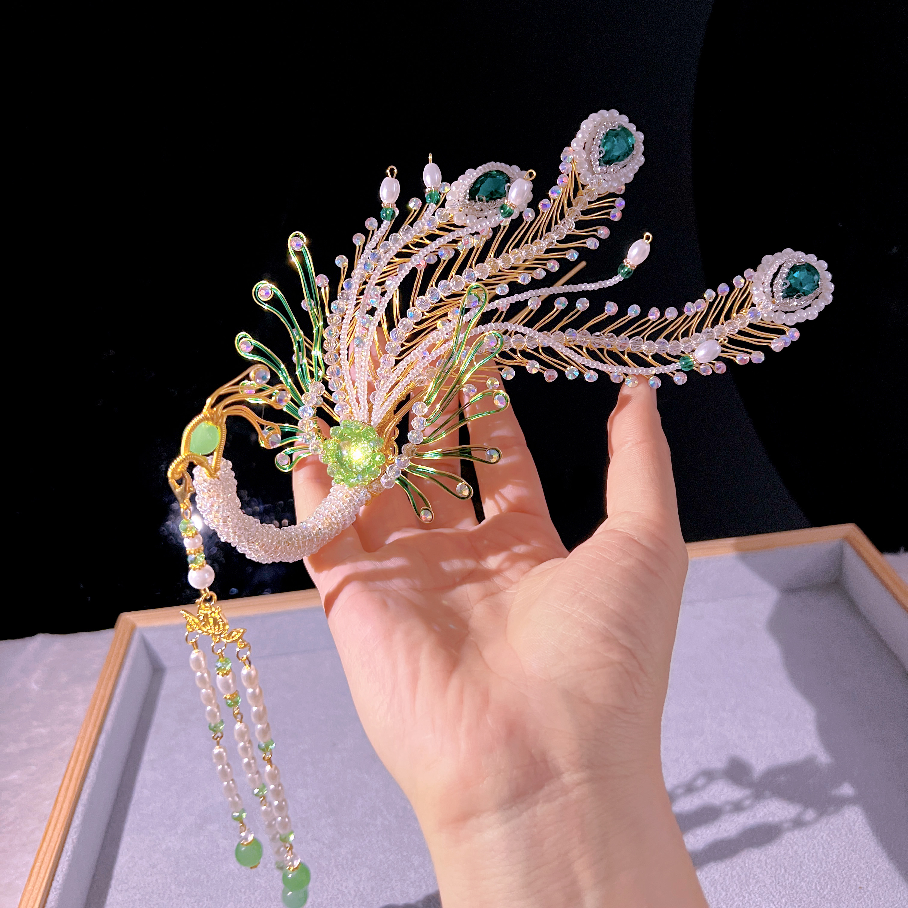 团紫原创王熙凤金绿色偏凤钗古风汉服长流苏金丝凤钗新娘头饰发簪