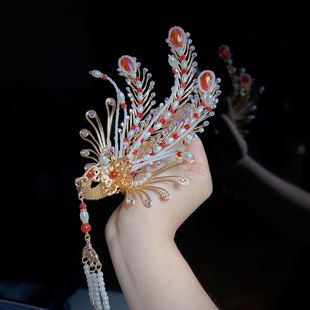 团紫原创三尾偏凤手工制作汉服古风新娘头饰婚服金丝凤钗女发饰