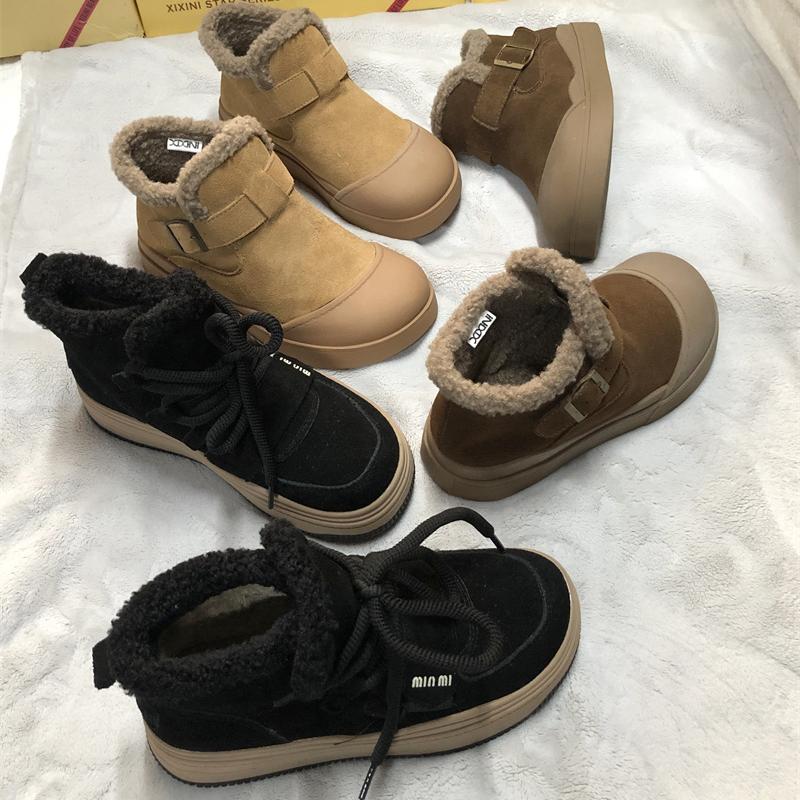 希希尼女靴子羊羔毛保暖时尚雪地靴磨砂皮平底一脚蹬复古休闲棉靴