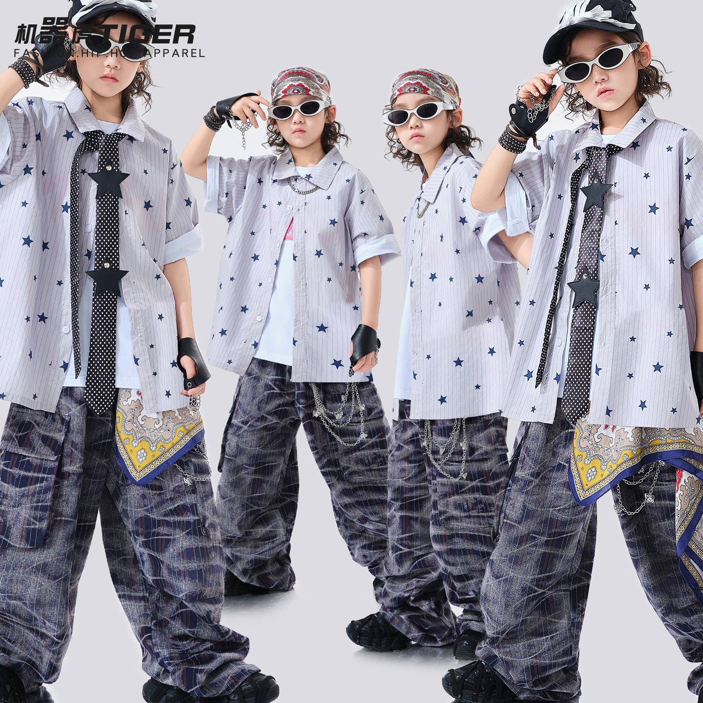 儿童街舞潮服男童嘻哈hiphop演出服少儿潮炫酷炸街夏季短袖两件套