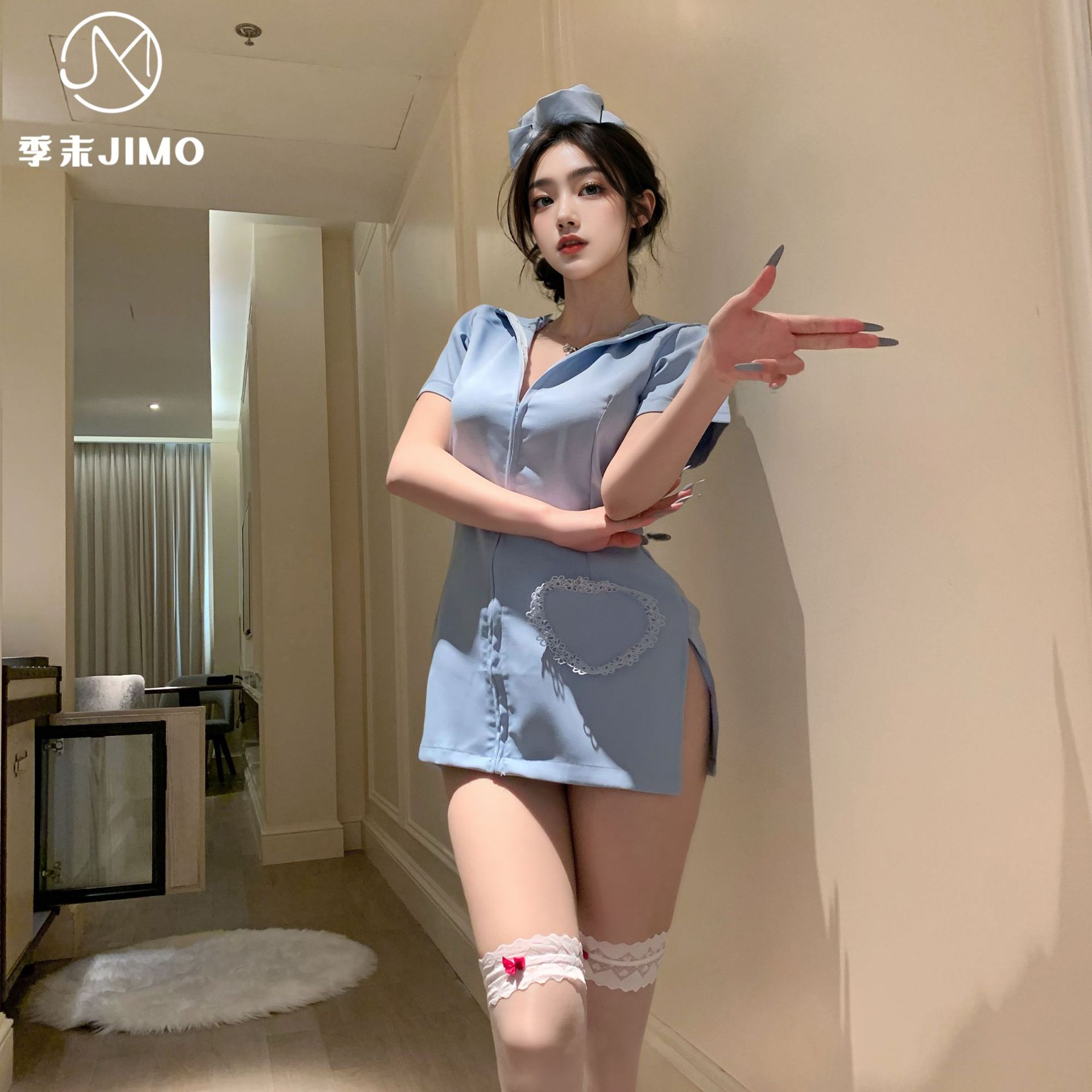 季末纯欲护士cos内衣深v睡裙拉链侧开叉护士包臀裙女