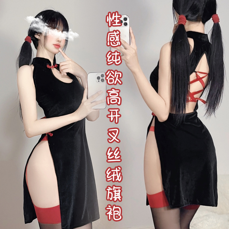 国风娃娃*后背绑带镂空丝绒高开叉性感修身私房直播复古旗袍