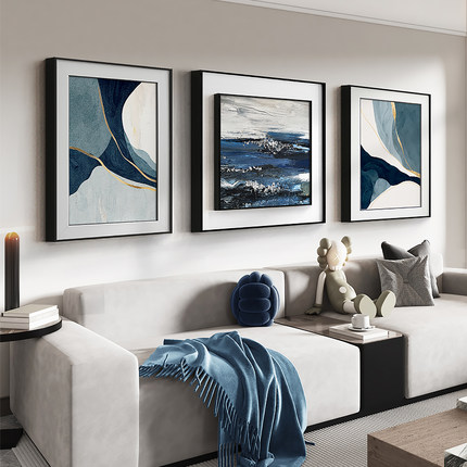 蓄潮 现代轻奢蓝色抽象艺术客厅装饰画大气沙发背景墙画三联挂画