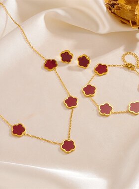 新款时尚套装单面五叶四叶草钛钢金色女手链耳钉项链小众气质轻奢