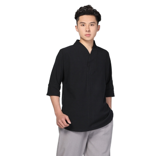 尚远僧人居士短袖汉服T恤上衣V领中国风唐装居士服打坐禅修服僧服